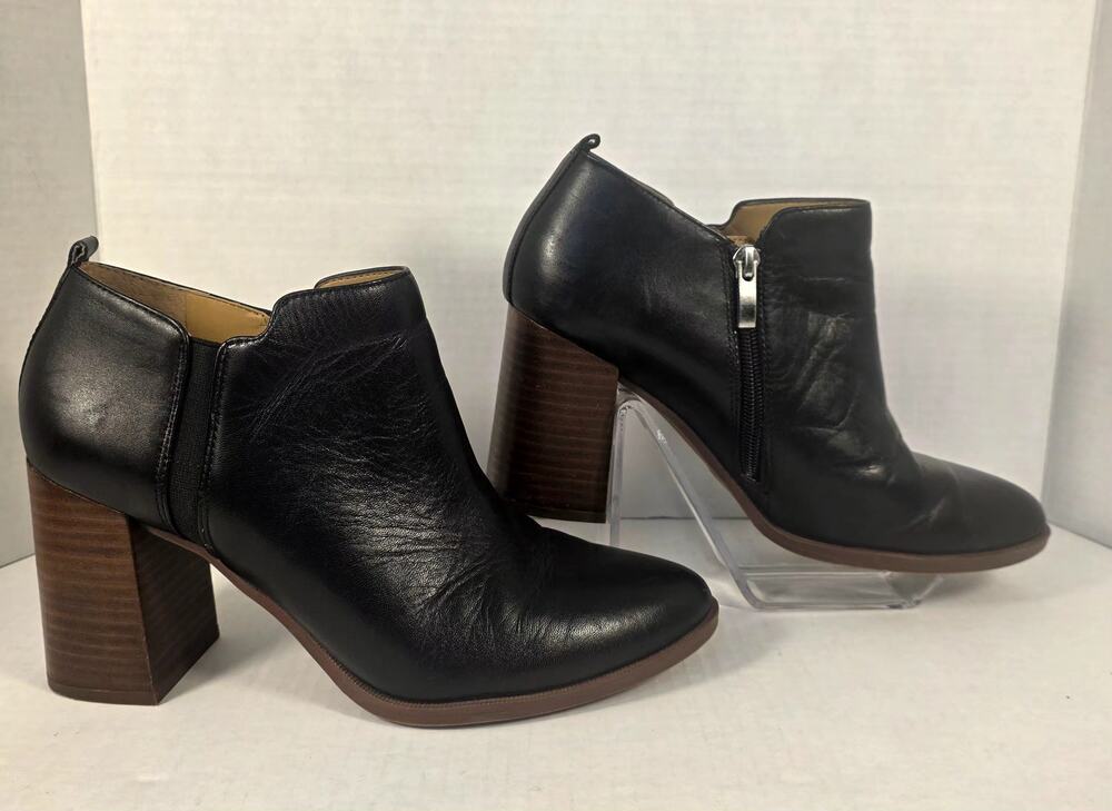 Franco Sarto Dante Black Leather Ankle Boots 9M Block Heel Side Zip Minimalist